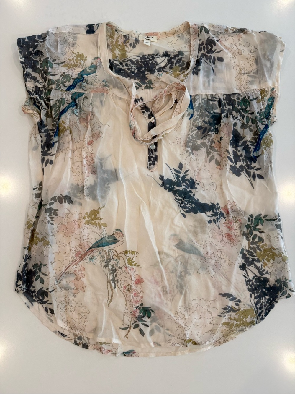 Dylan Botanical Bird Blouse Women’s S Peasant w/Cap Sleeves Deep V Neck w/Ties